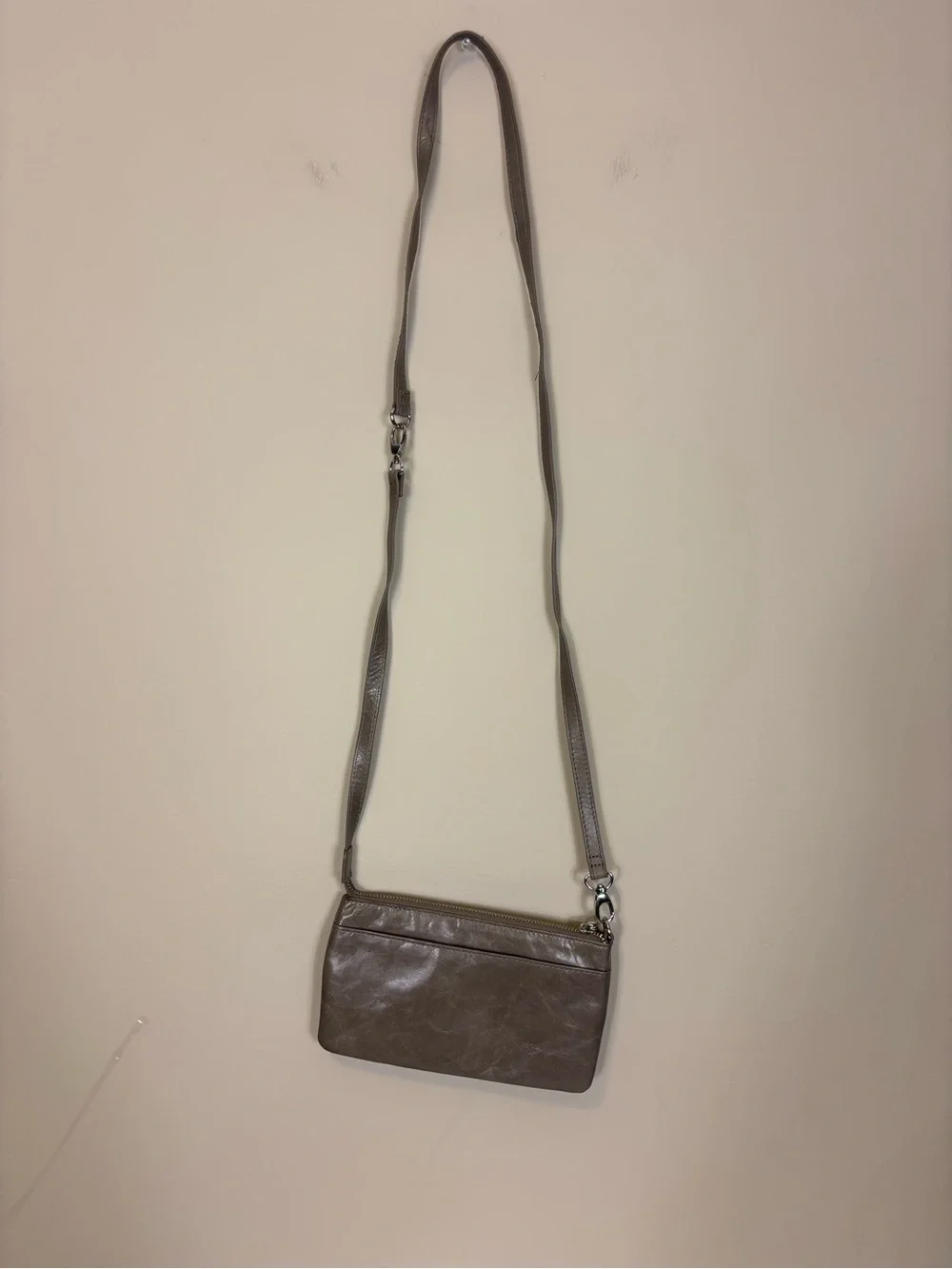 HOBO Gray Leather Crossbody & Shoulder Purse with Dual Zip Pockets on front